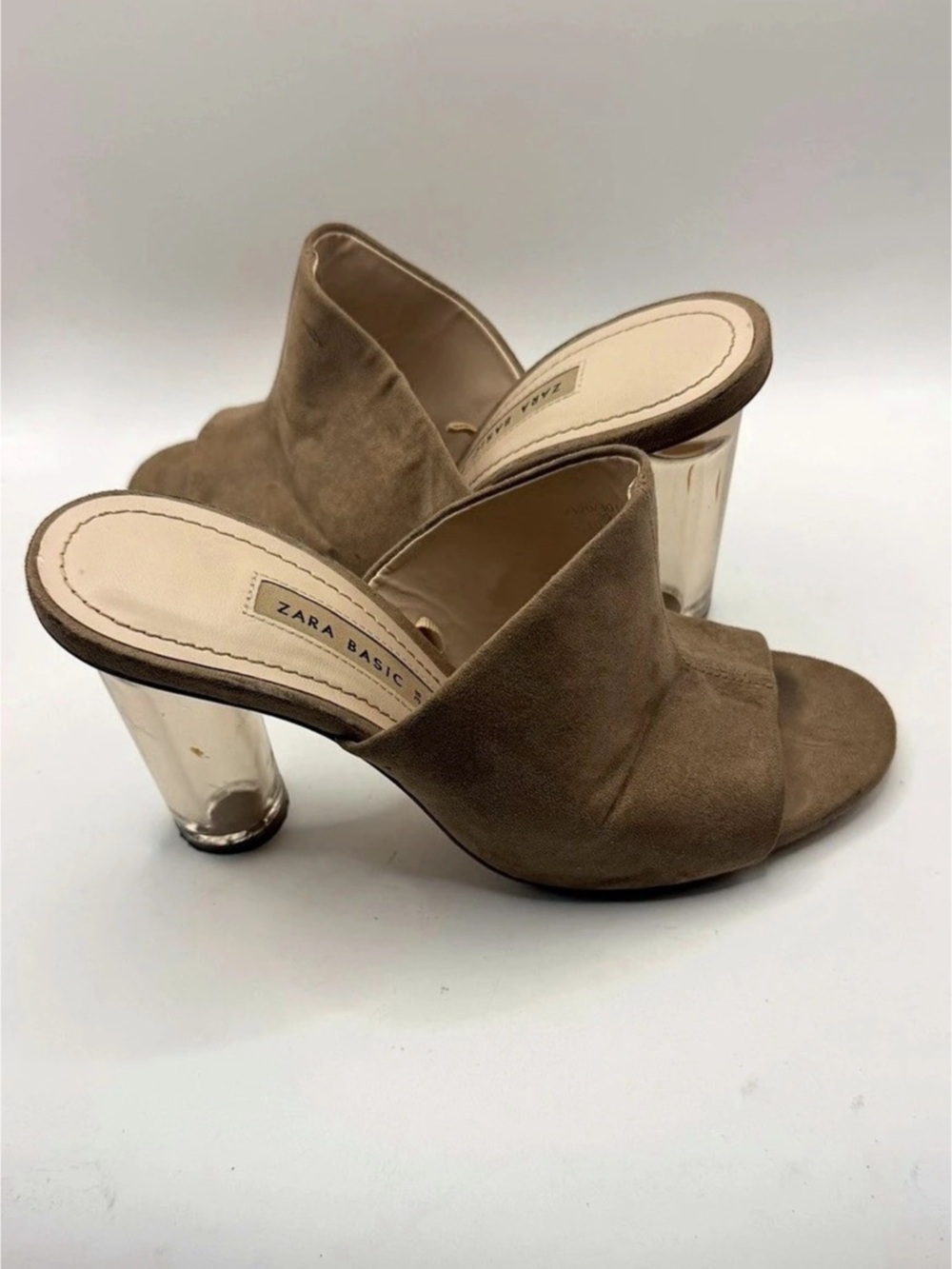 Zara Basic Taupe Suede Open-Toe Clear Lucite Heeled Mules – Size 38